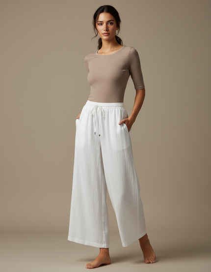 Pantalon Chinois Blanc Fluide Ample Coton Femme - Lin