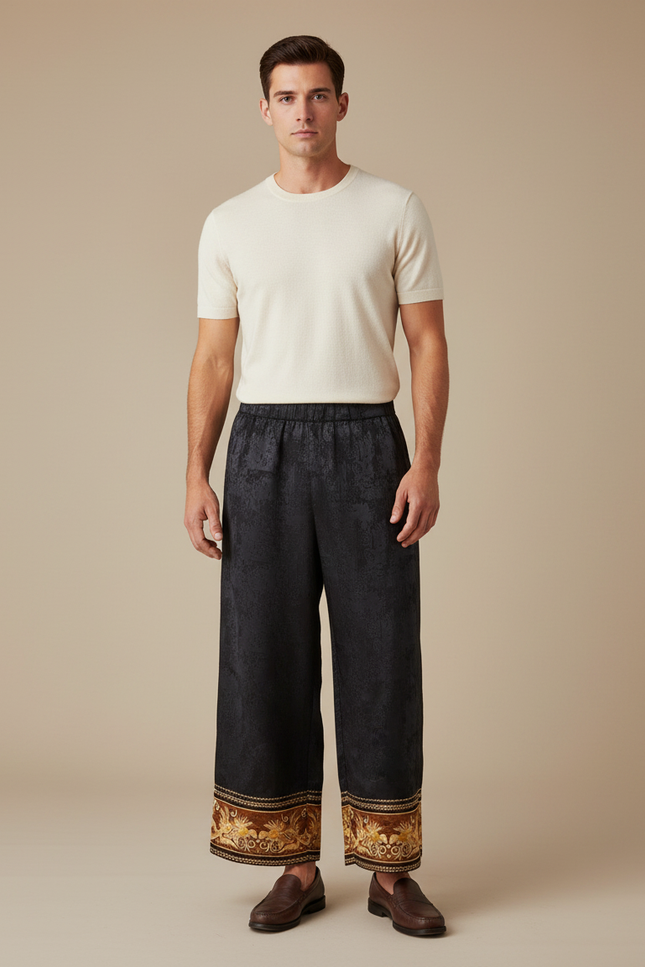 Pantalon Chinois Noir Jacquard Brodé Ample Ethnique - Viscose