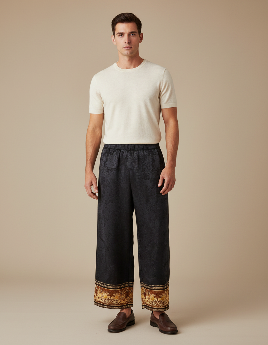 Pantalon Chinois Noir Jacquard Brodé Ample Ethnique - Viscose