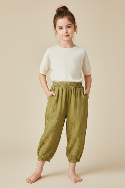 Pantalon Chinois Vert Ample Coton Enfant Fluide - Kaki Lin