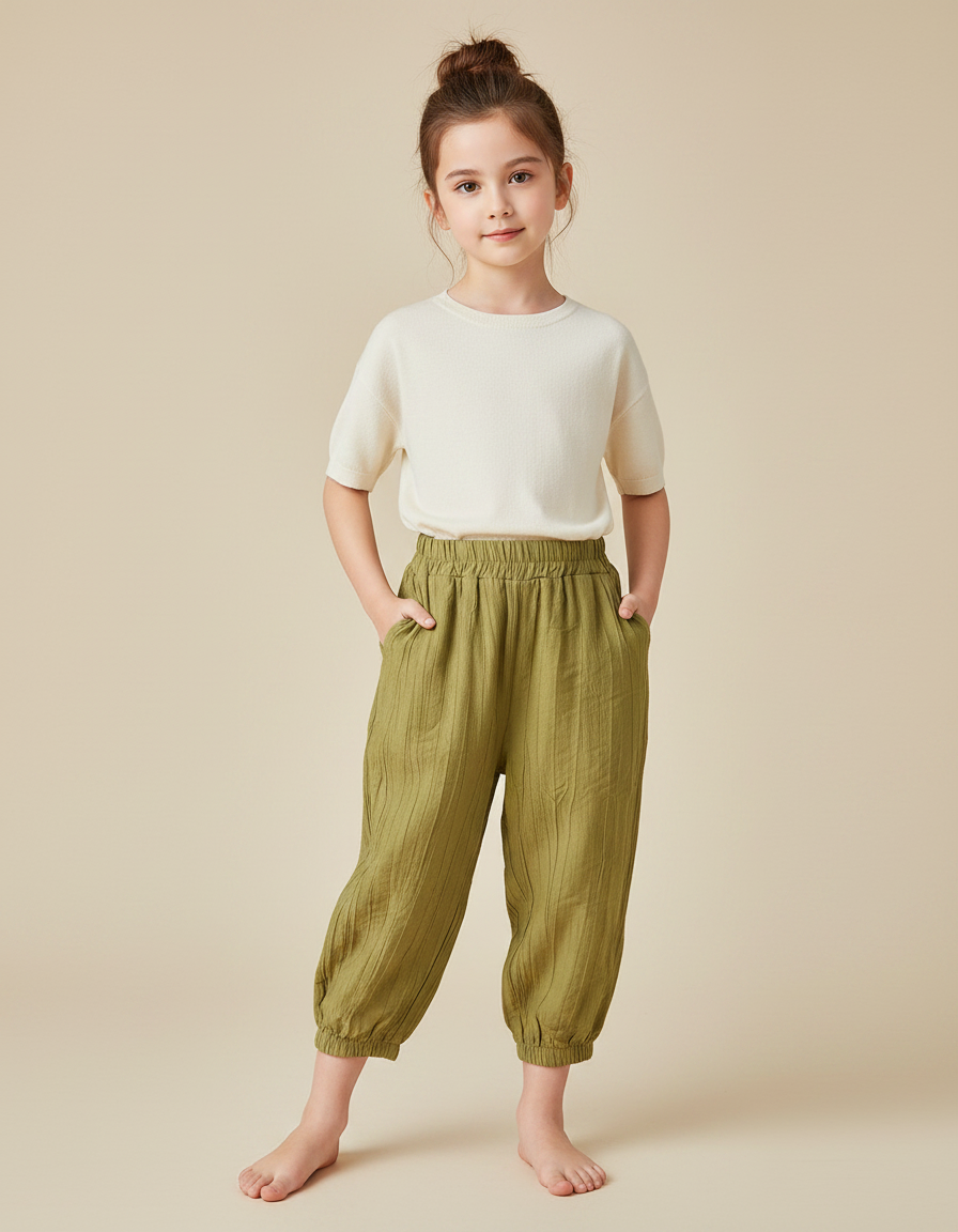 Pantalon Chinois Vert Ample Coton Enfant Fluide - Kaki Lin