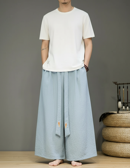 Pantalon Chinois Bleu Ciel Ample Lin Brodé Homme