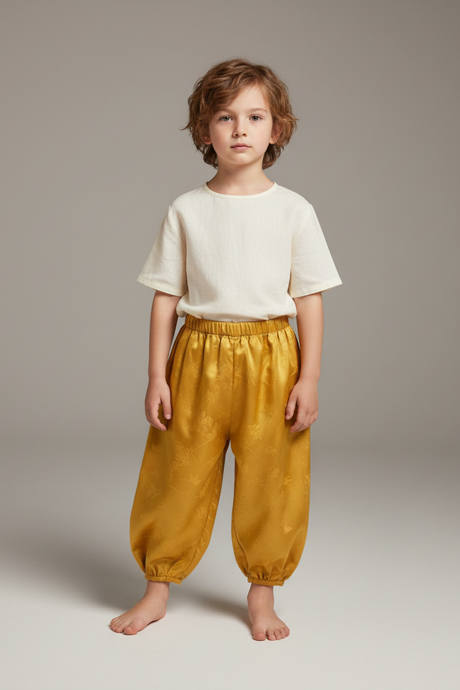 Pantalon Chinois Jaune Satiné Ample Motif Floral Enfant