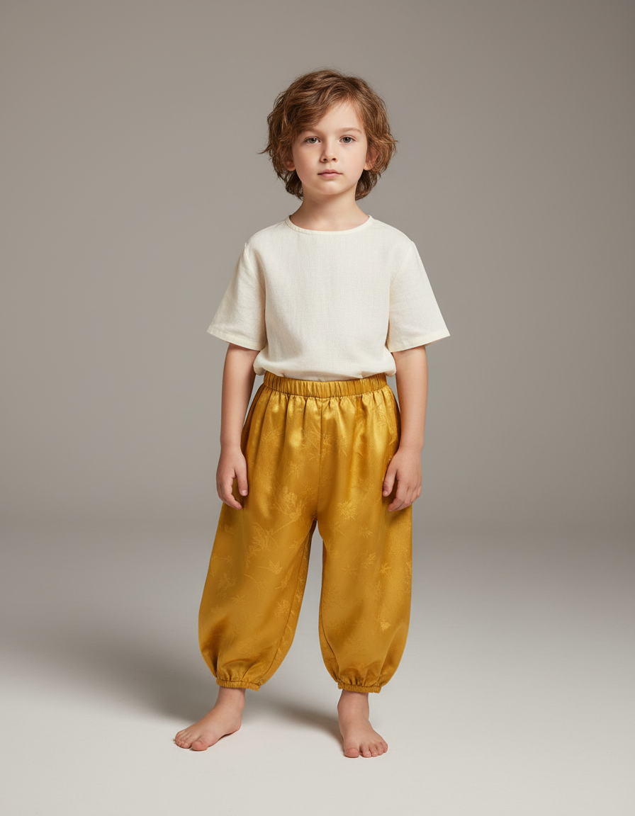 Pantalon Chinois Jaune Satiné Ample Motif Floral Enfant