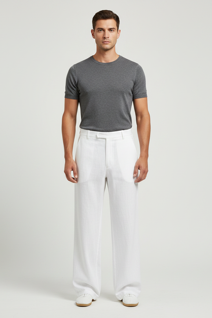 Pantalon Chinois Blanc Lin Ample Décontracté Homme