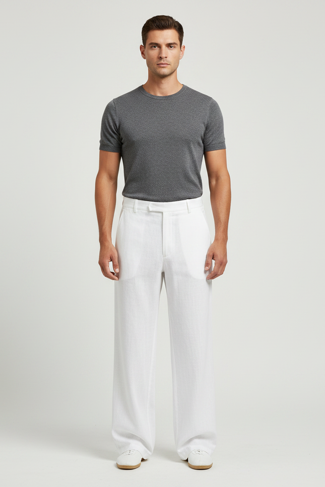 Pantalon Chinois Blanc Lin Ample Décontracté Homme
