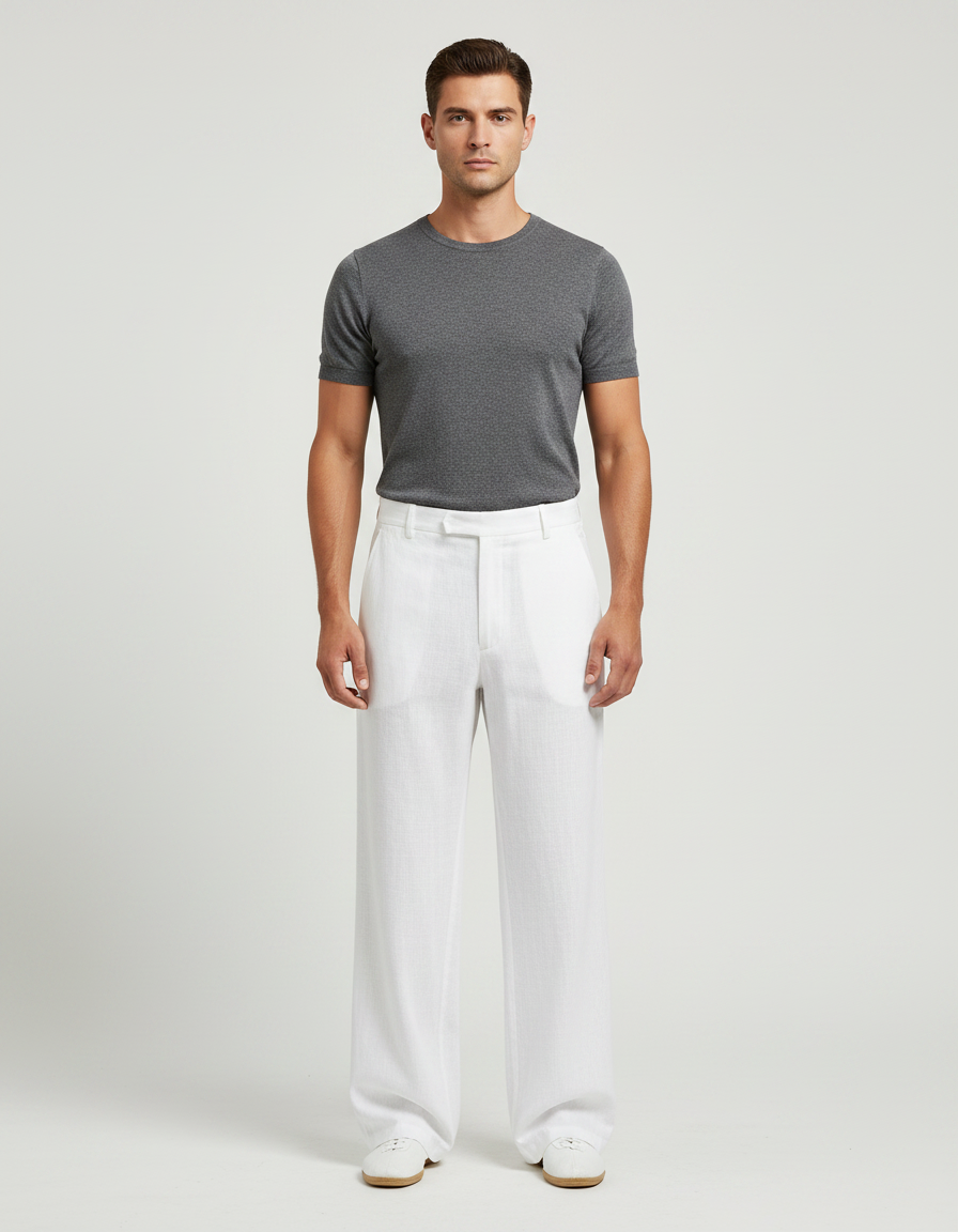 Pantalon Chinois Blanc Lin Ample Décontracté Homme
