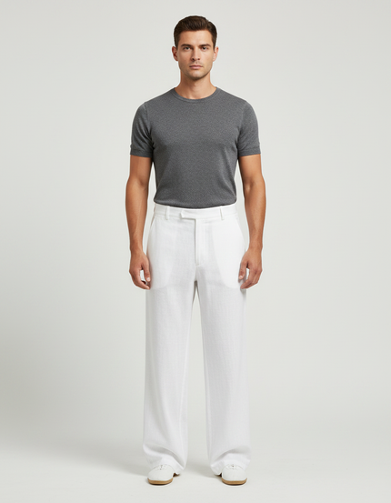 Pantalon Chinois Blanc Lin Ample Décontracté Homme