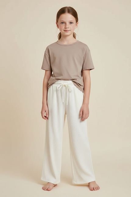 Pantalon Chinois Crème Côtelé Ample Fille Confortable - Blanc Cordé