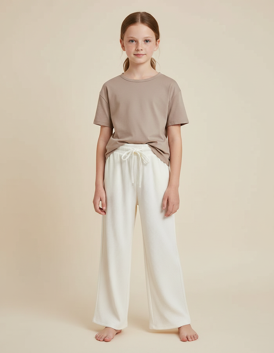 Pantalon Chinois Crème Côtelé Ample Fille Confortable - Blanc Cordé