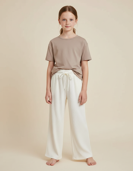 Pantalon Chinois Crème Côtelé Ample Fille Confortable - Blanc Cordé