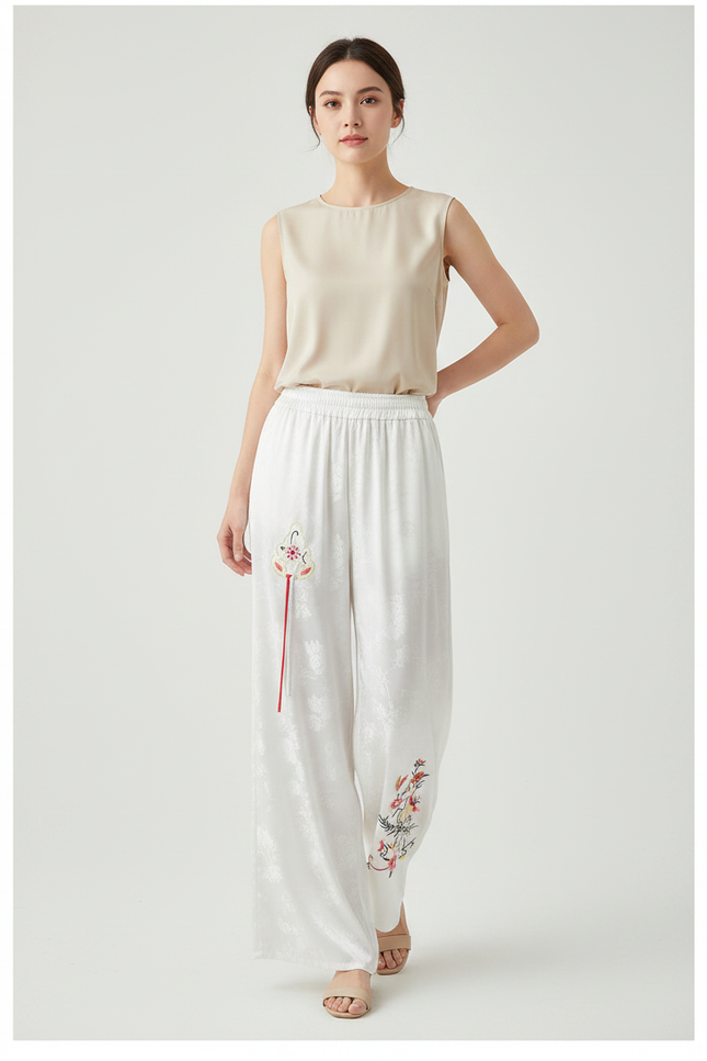Pantalon Chinois Blanc Brodé Ample Jacquard Fluide - Satin