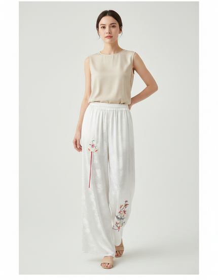 Pantalon Chinois Blanc Brodé Ample Jacquard Fluide - Satin