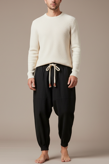 Pantalon Chinois Harem Noir Lin Ample Décontracté