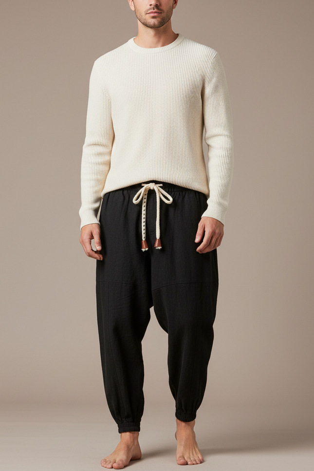 Pantalon Chinois Harem Noir Lin Ample Décontracté