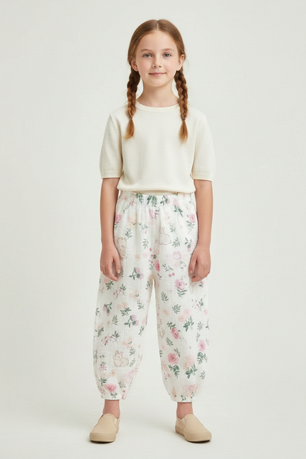 Pantalon Chinois Blanc Floral Ample Coton Enfant