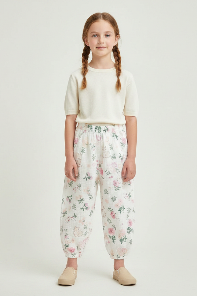 Pantalon Chinois Blanc Floral Ample Coton Enfant