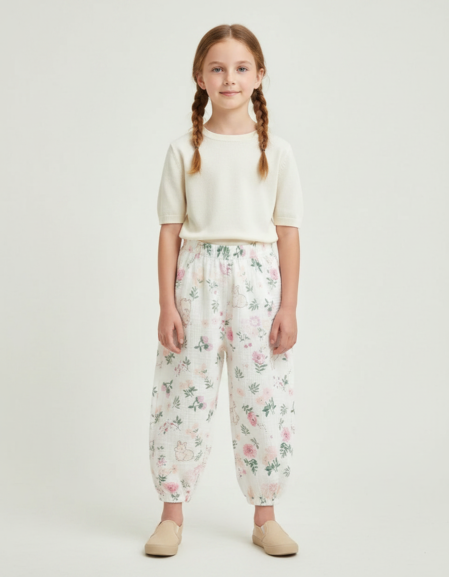 Pantalon Chinois Blanc Floral Ample Coton Enfant