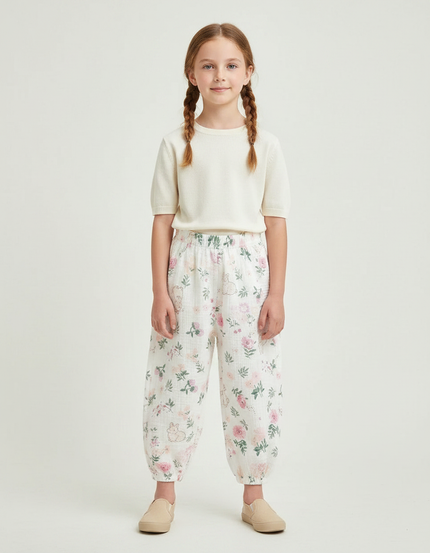 Pantalon Chinois Blanc Floral Ample Coton Enfant
