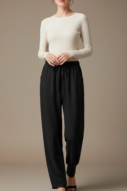 Pantalon Chinois Noir Coton Lin Ample Confortable