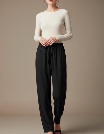 Pantalon Chinois Noir Coton Lin Ample Confortable