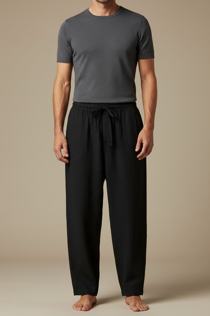 Pantalon Chinois Noir Lin Ample Décontracté Homme
