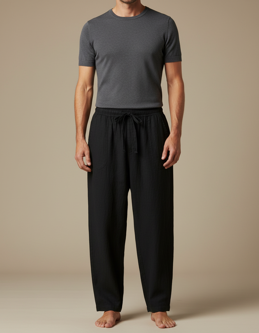 Pantalon Chinois Noir Lin Ample Décontracté Homme