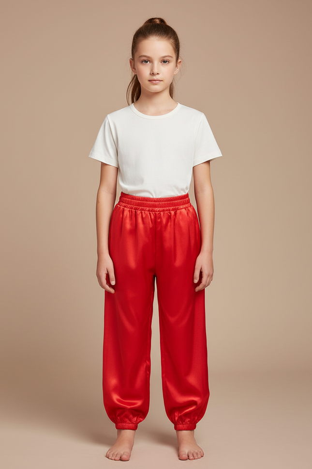 Pantalon Chinois Rouge Satiné Fluide Enfant Traditionnel