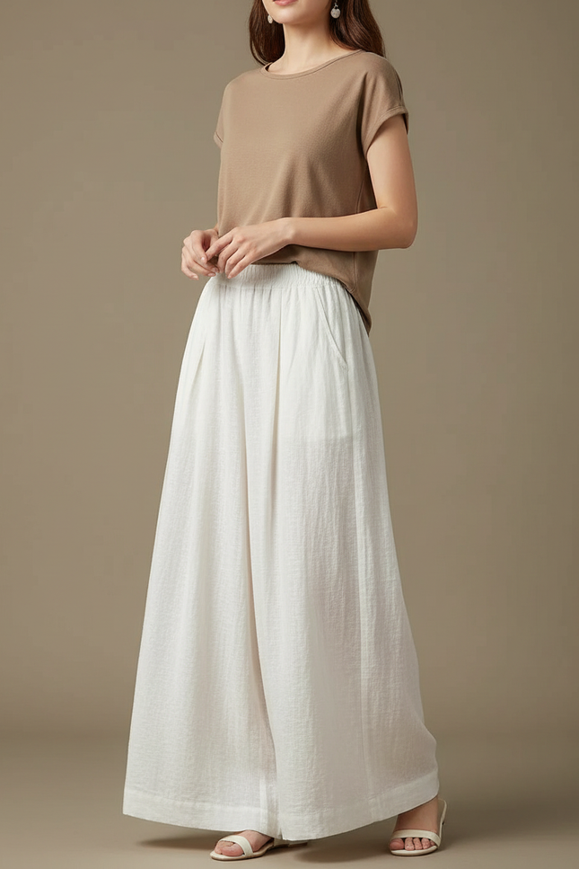 Pantalon Chinois Blanc Ample Lin Plissé Fluide