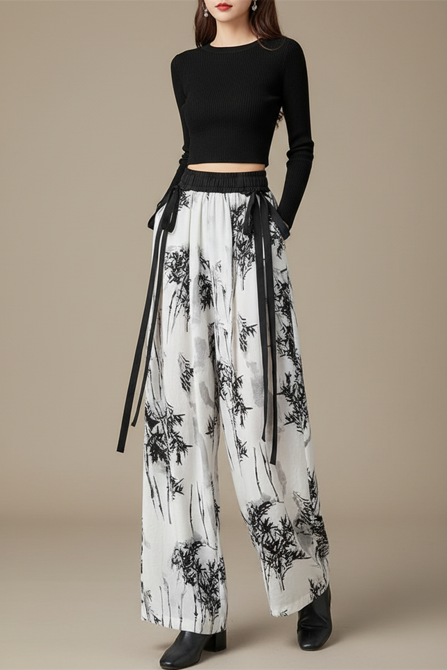 Pantalon Chinois Blanc Imprimé Bambou Fluide Ample - Lin