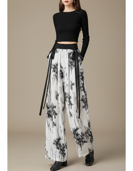 Pantalon Chinois Blanc Imprimé Bambou Fluide Ample - Lin