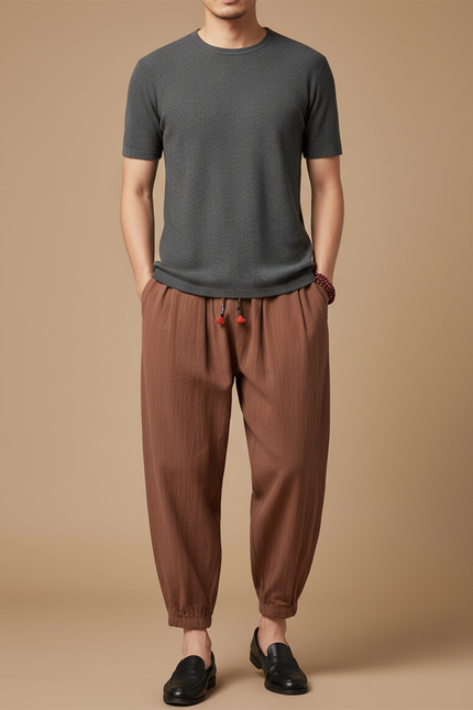 Pantalon Chinois Marron Ample Lin Coton Décontracté