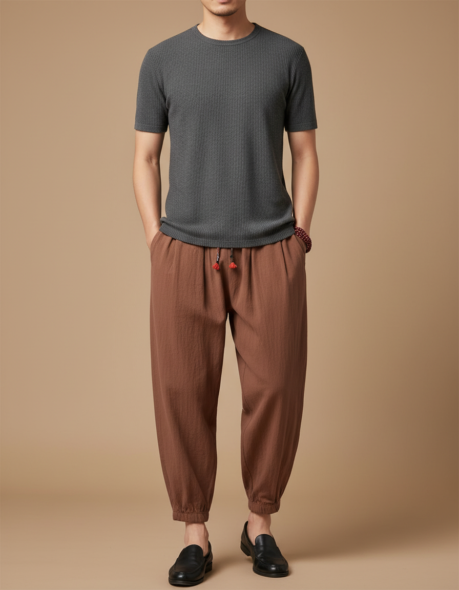Pantalon Chinois Marron Ample Lin Coton Décontracté