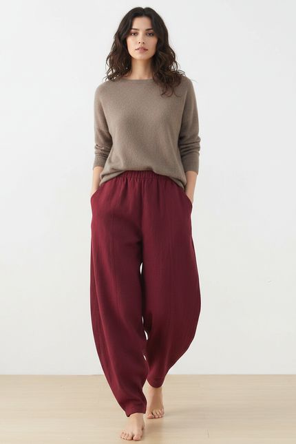Pantalon Chinois Rouge Grenat Ample Lin Harem Femme - Bordeaux