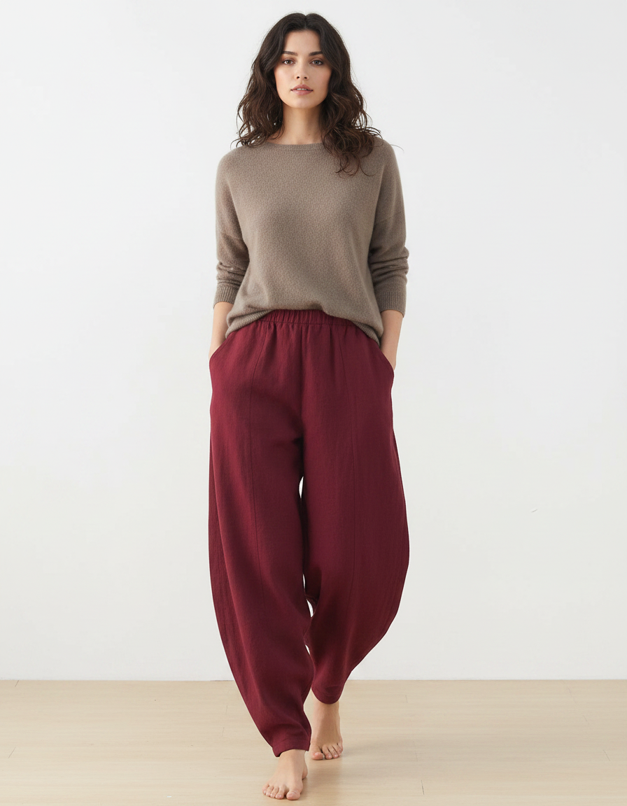 Pantalon Chinois Rouge Grenat Ample Lin Harem Femme - Bordeaux