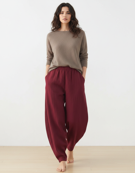 Pantalon Chinois Rouge Grenat Ample Lin Harem Femme - Bordeaux