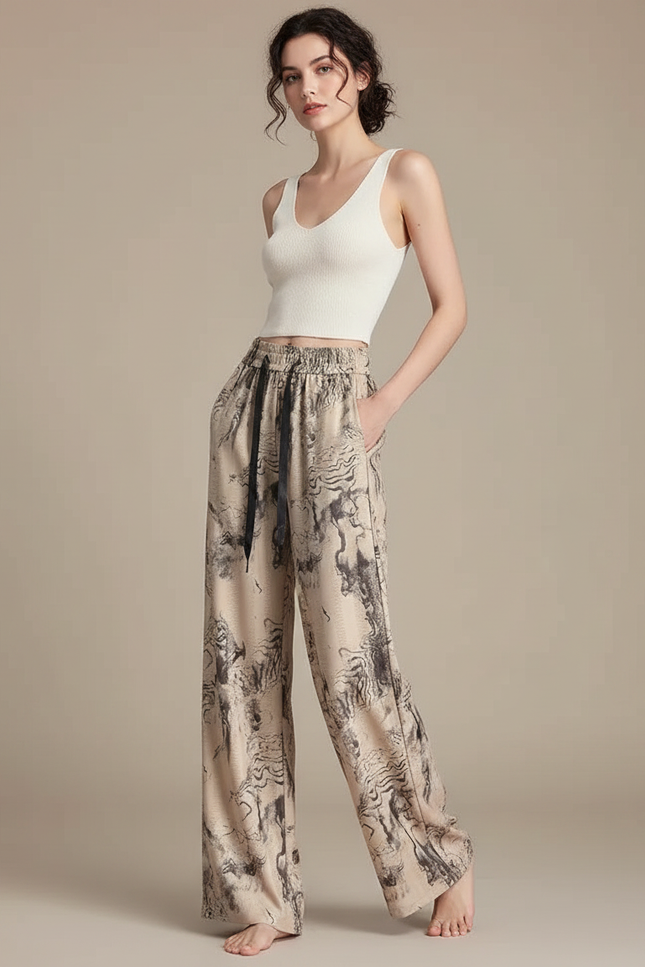 Pantalon Chinois Imprimé Fluide Ample Décontracté Soie