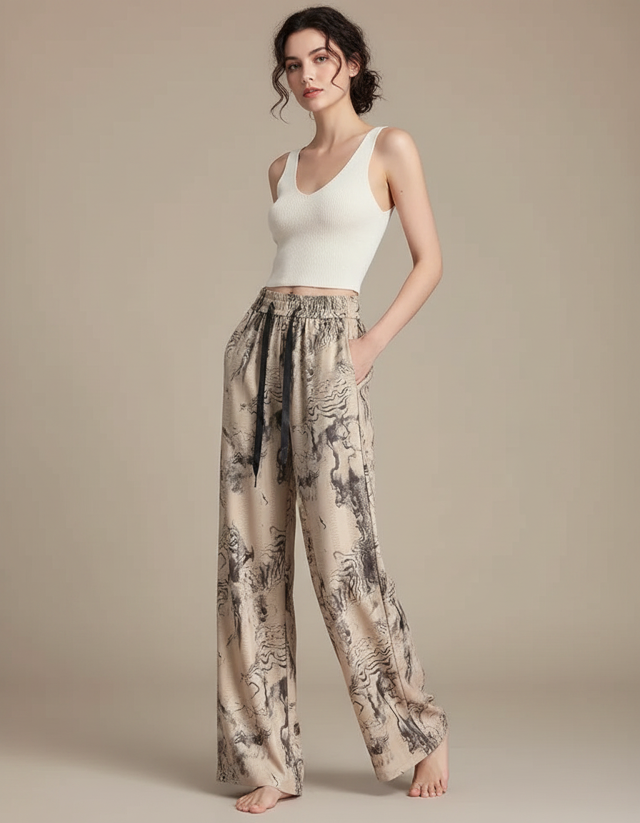 Pantalon Chinois Imprimé Fluide Ample Décontracté Soie