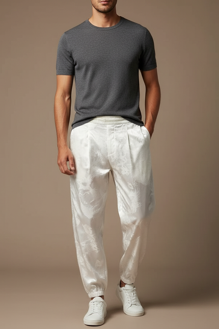 Pantalon Chinois Blanc Satin Dragon Ample Homme