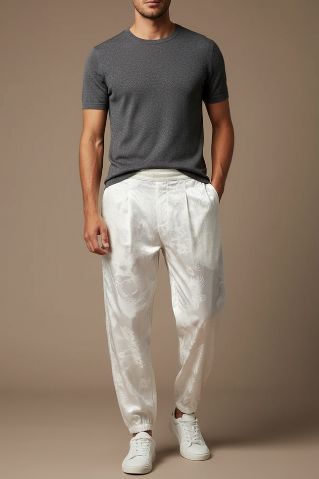 Pantalon Chinois Blanc Satin Dragon Ample Homme