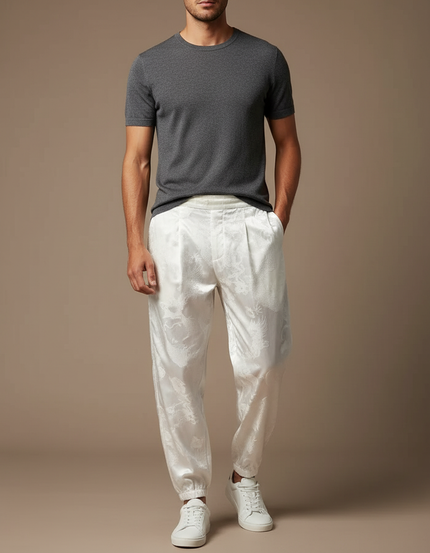 Pantalon Chinois Blanc Satin Dragon Ample Homme