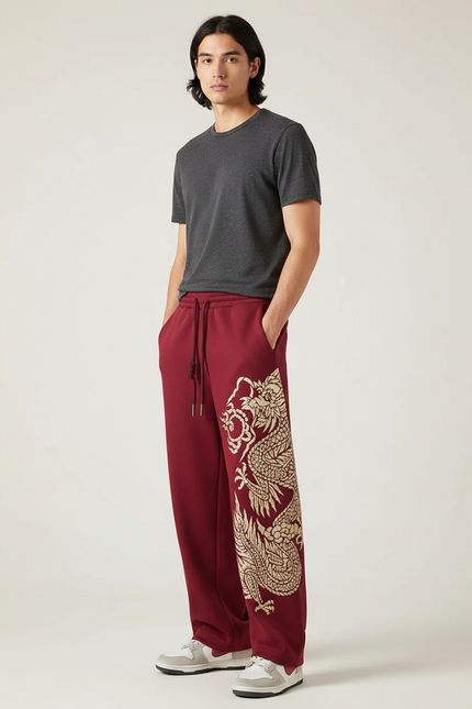 Pantalon Chinois Rouge Ample Dragon Brodé Décontracté - Bordeaux Molleton