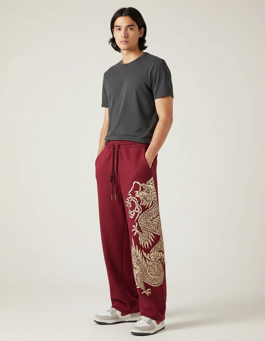 Pantalon Chinois Rouge Ample Dragon Brodé Décontracté - Bordeaux Molleton