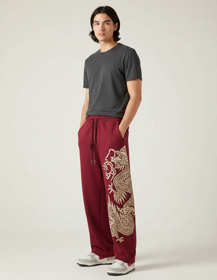 Pantalon Chinois Rouge Ample Dragon Brodé Décontracté - Bordeaux Molleton