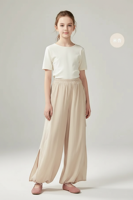 Pantalon Chinois Beige Fluide Ample Fille Traditionnel - Viscose