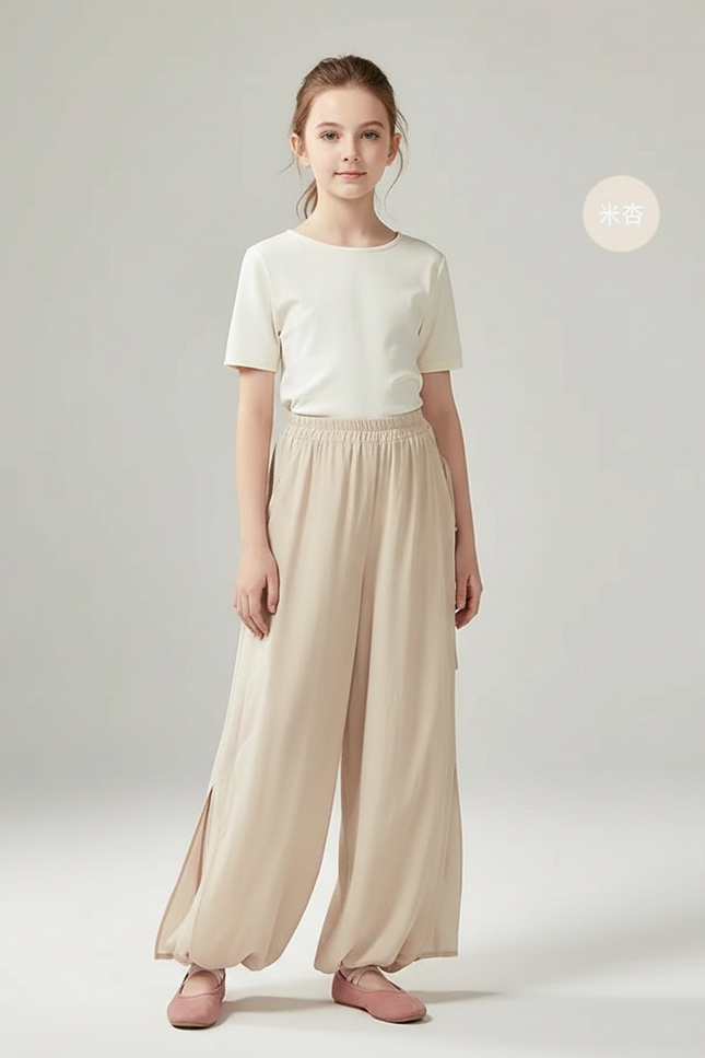 Pantalon Chinois Beige Fluide Ample Fille Traditionnel - Viscose