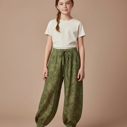 Pantalon Chinois Vert Ample Motif Floral Fille - Viscose