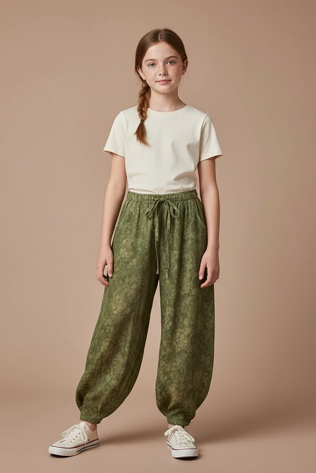 Pantalon Chinois Vert Ample Motif Floral Fille - Viscose