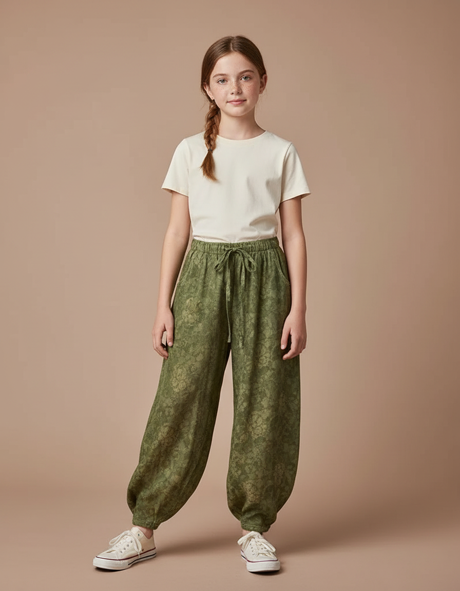 Pantalon Chinois Vert Ample Motif Floral Fille - Viscose