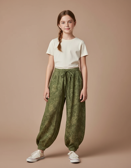 Pantalon Chinois Vert Ample Motif Floral Fille - Viscose